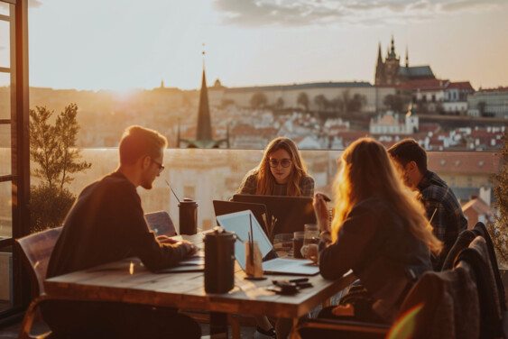 Brilo Team – Jak efektivně na názvy PPC kampaní, skupina lidí sedících u stolu na terase s výhledem